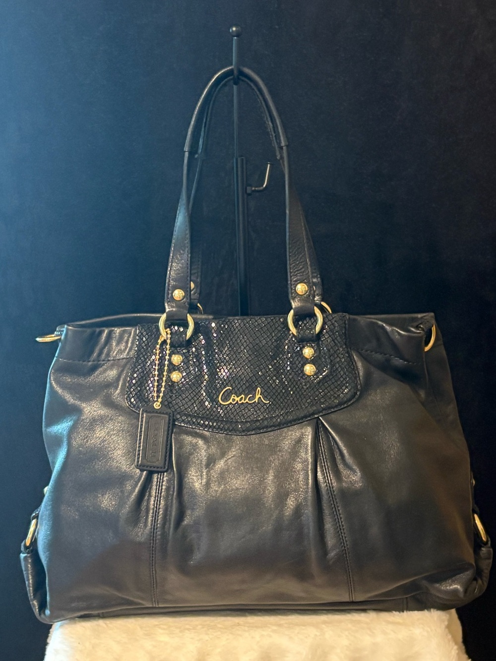 Coach Black Leather Tote with Textured Flap and Gold Accents
